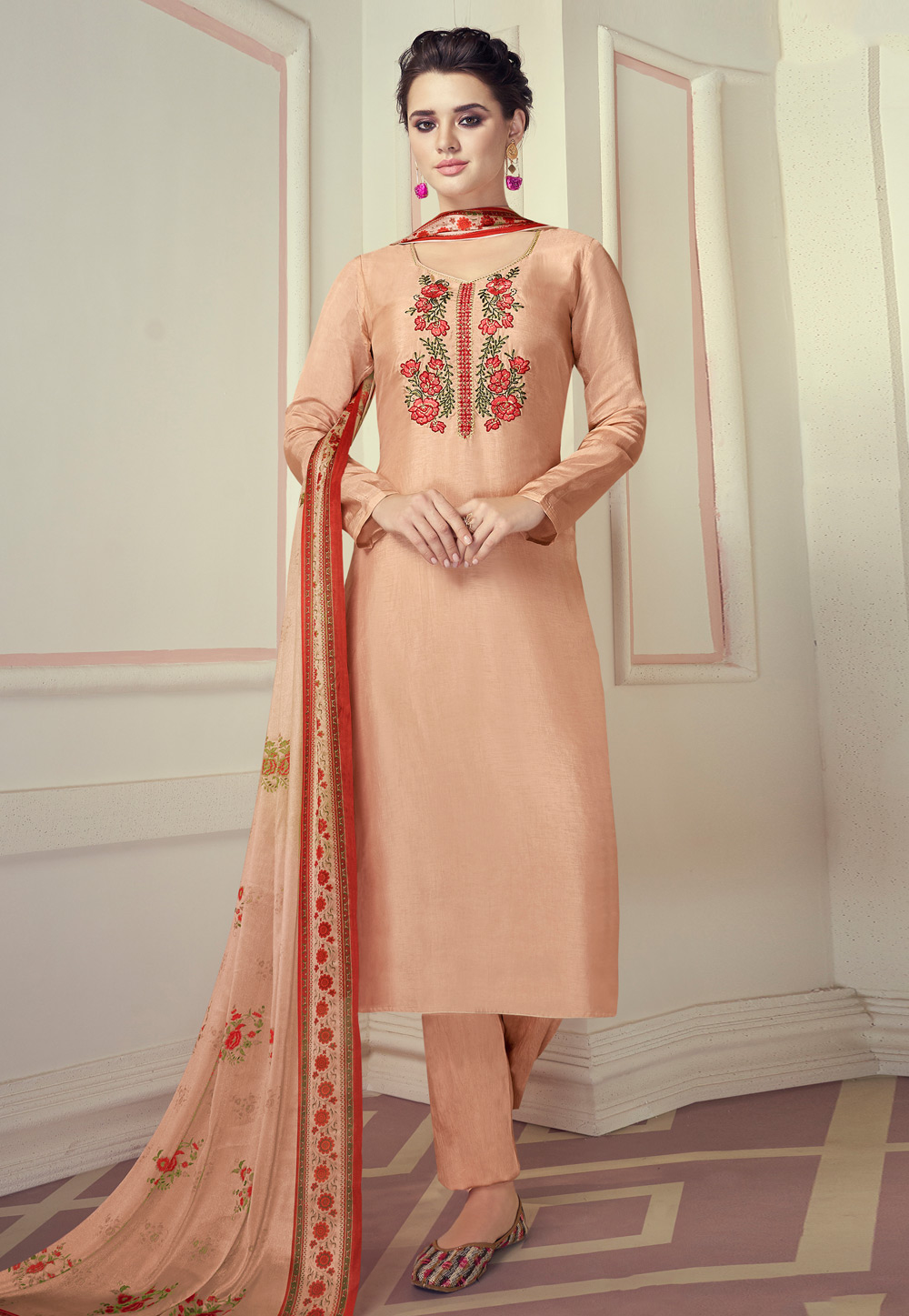 Peach Viscose Readymade Pant Style Suit 237269