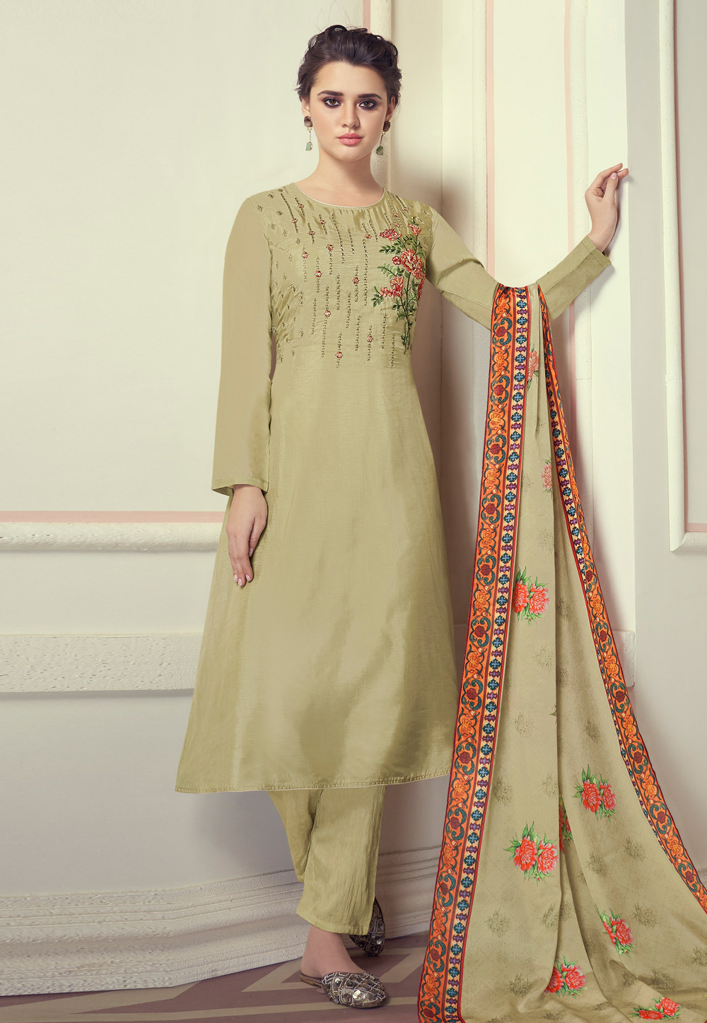 Olive Green Viscose Readymade Kameez With Pant 237270