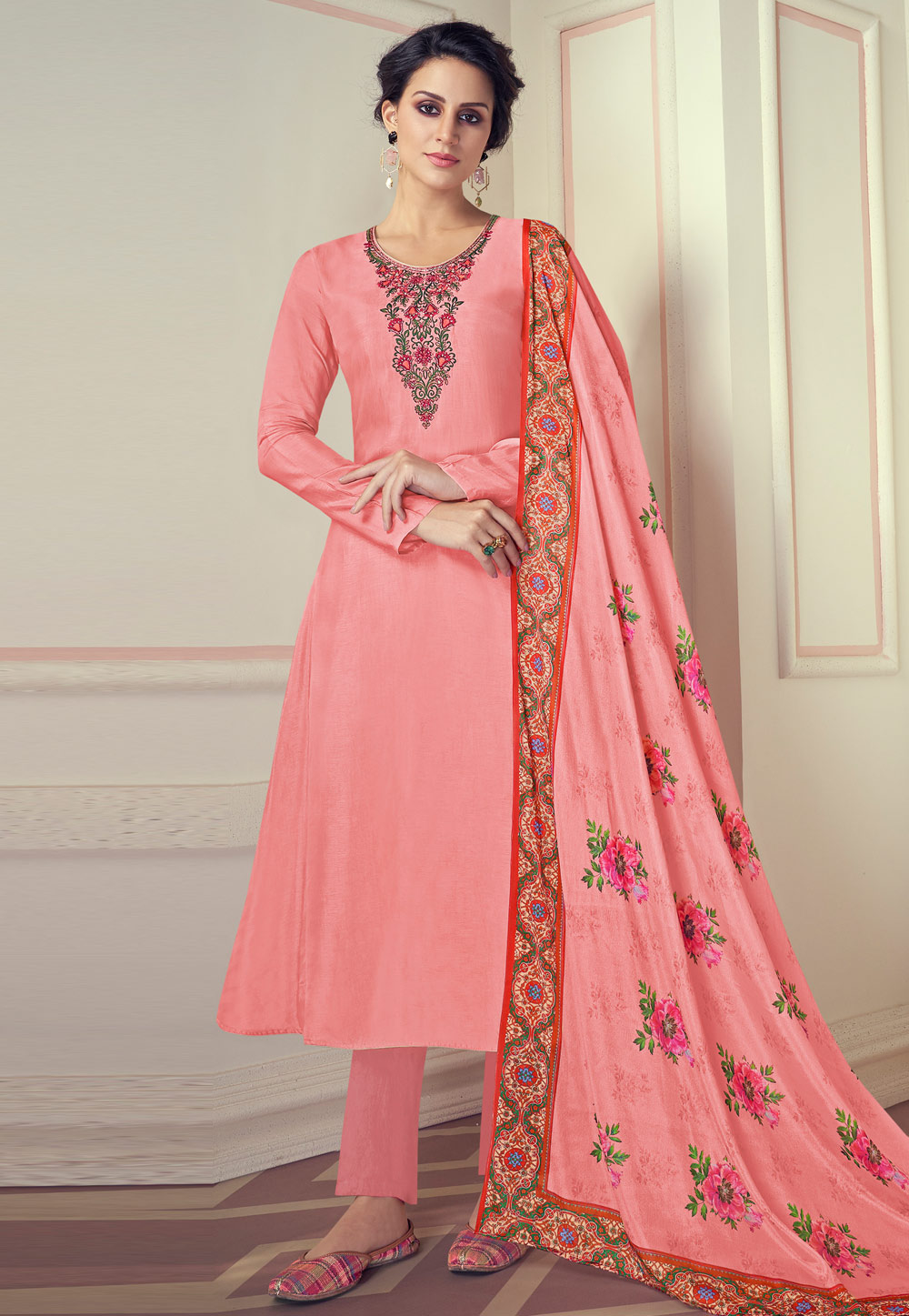 Pink Viscose Readymade Pant Style Suit 237271