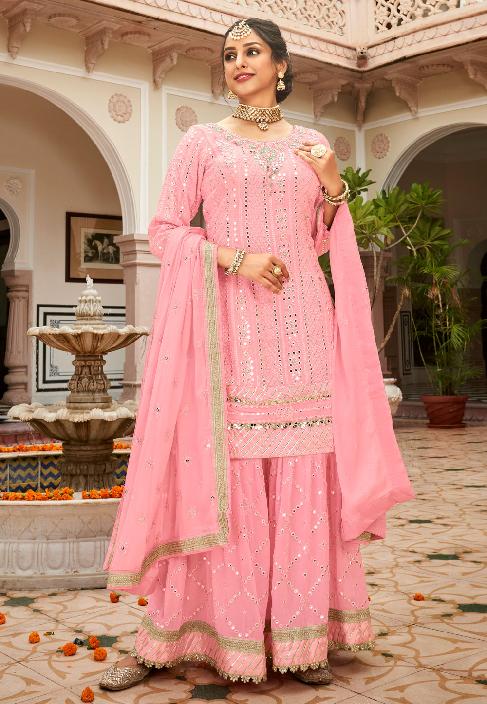 Pink Faux Georgette Embroidered Palazzo Suit 249582
