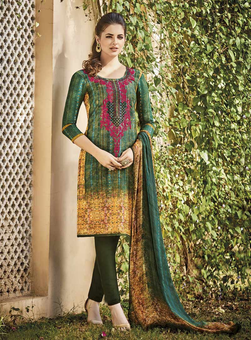 Green Silk Pakistani Style Suit 91708