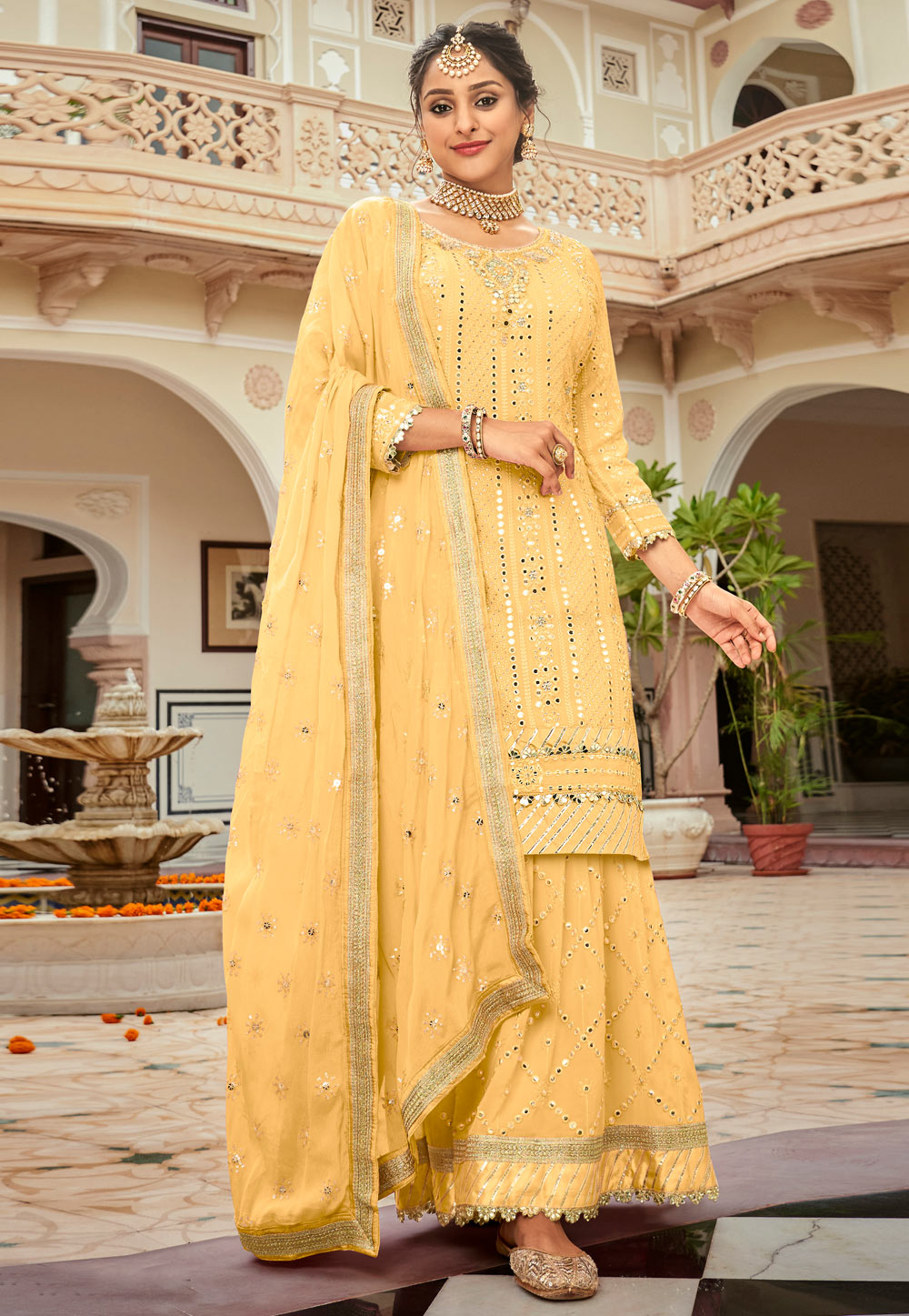 Yellow Faux Georgette Embroidered Palazzo Suit 249584