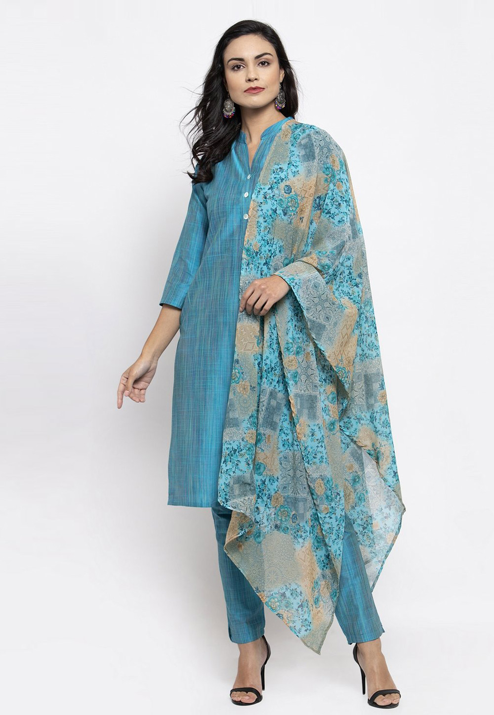 Blue Cotton Silk Readymade Pant Style Suit 216312