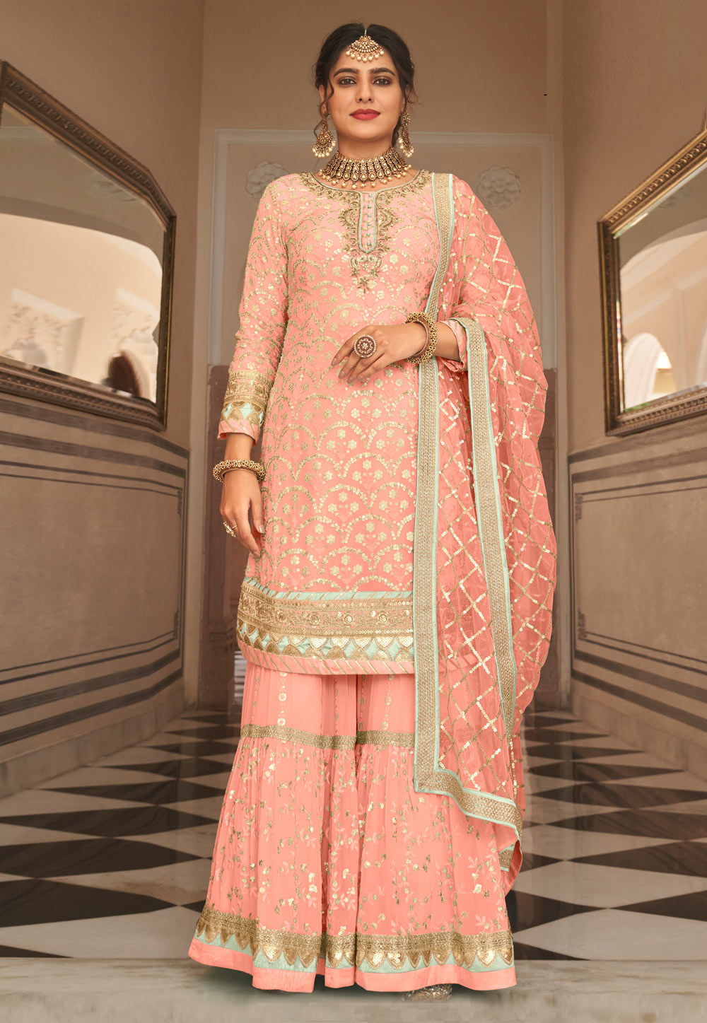 Peach Faux Georgette Embroidered Pakistani Suit 249585