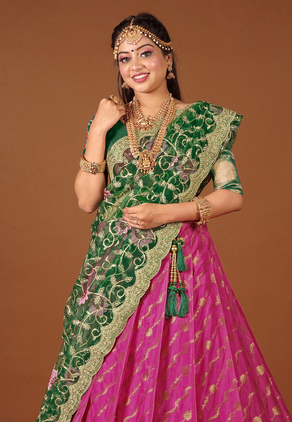 ZECVA Women's Kanjivaram Pure Zari Silk Unstitched Traditional Lehenga  Choli Indian Style Half Saree Yellow Pink : Amazon.in: Fashion