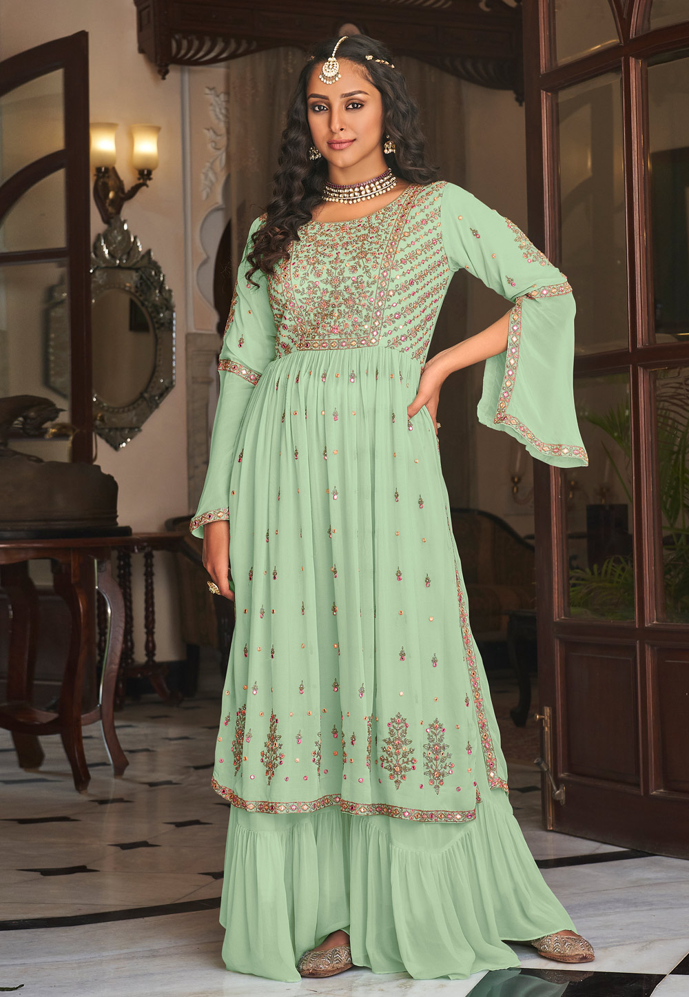 Pista Green Faux Georgette Embroidered Palazzo Suit 249867