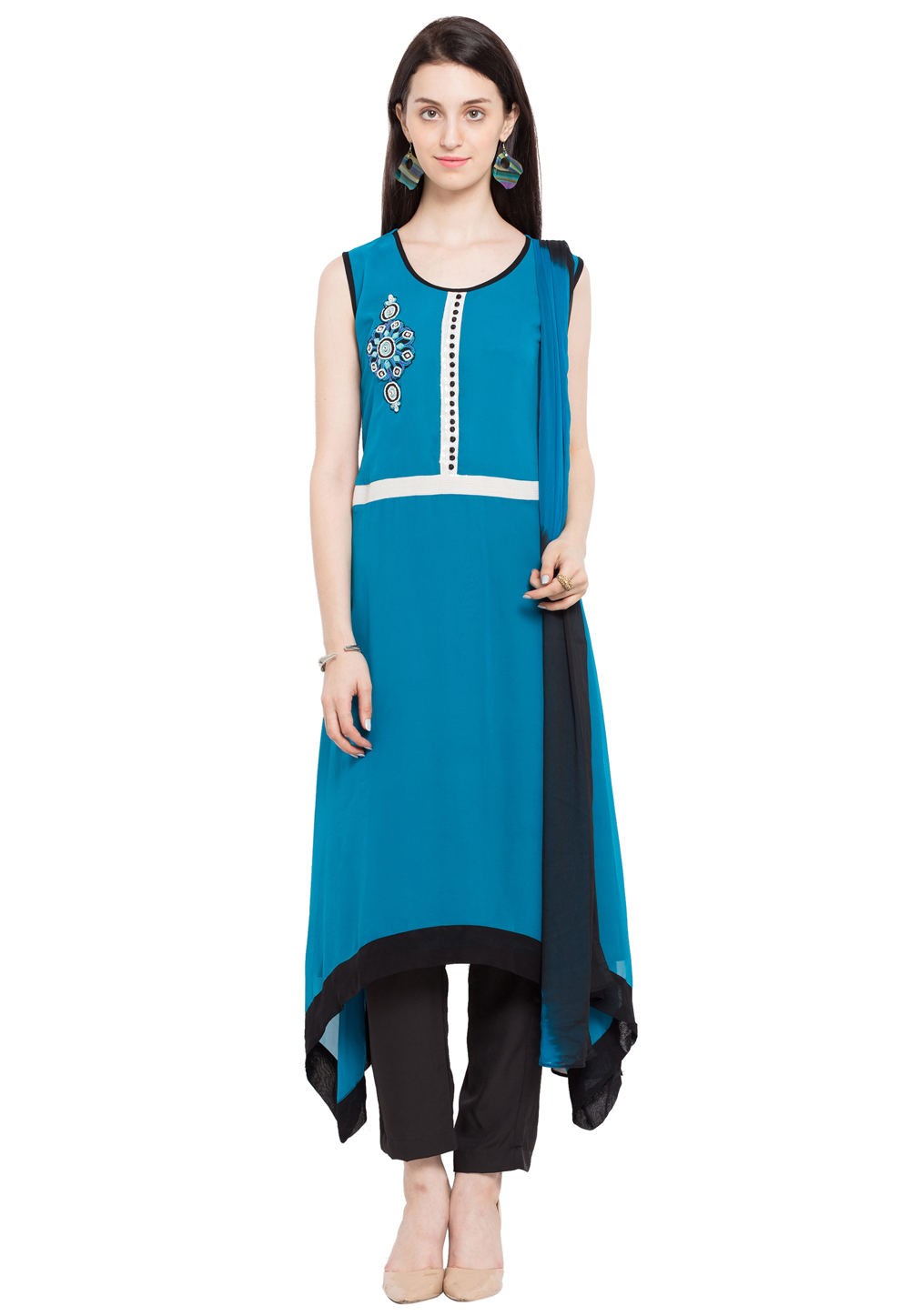 Sky Blue Faux Georgette Readymade Pant Style Suit 230316