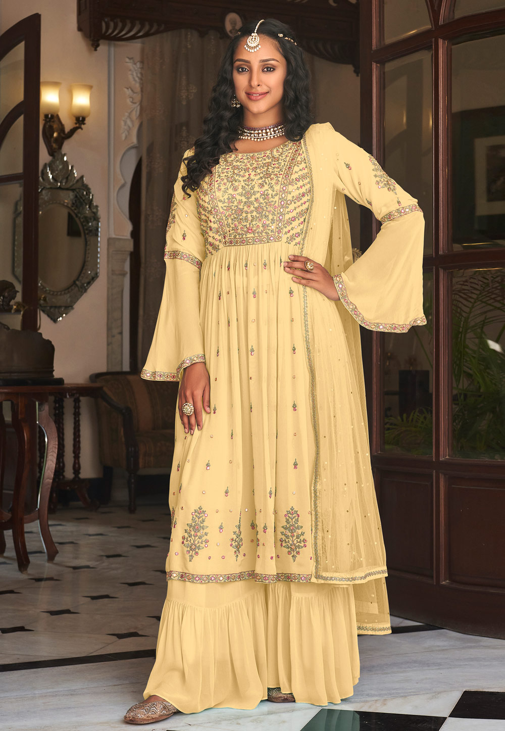 Yellow Faux Georgette Embroidered Palazzo Suit 249869