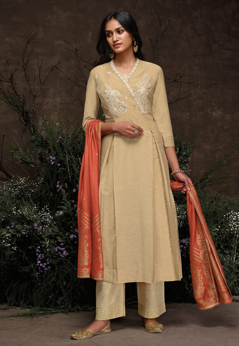 Beige Silk Readymade Palazzo Suit 202185
