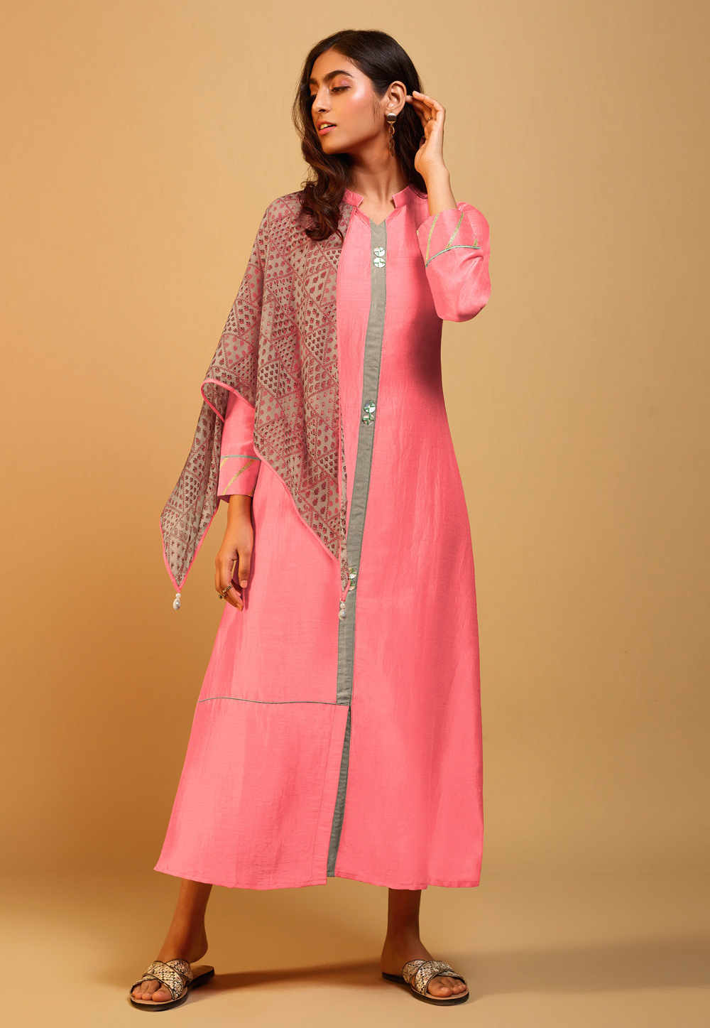 Pink Silk Readymade Tunic With Scarf 202141