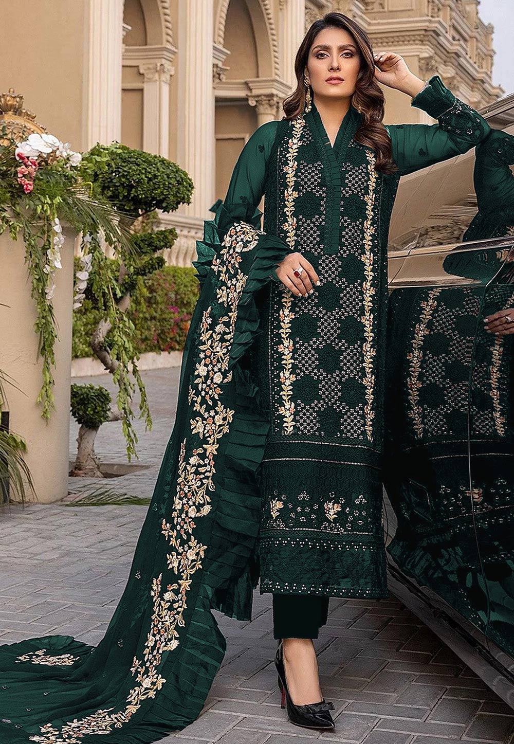 Green Georgette Pant Style Suit 245283
