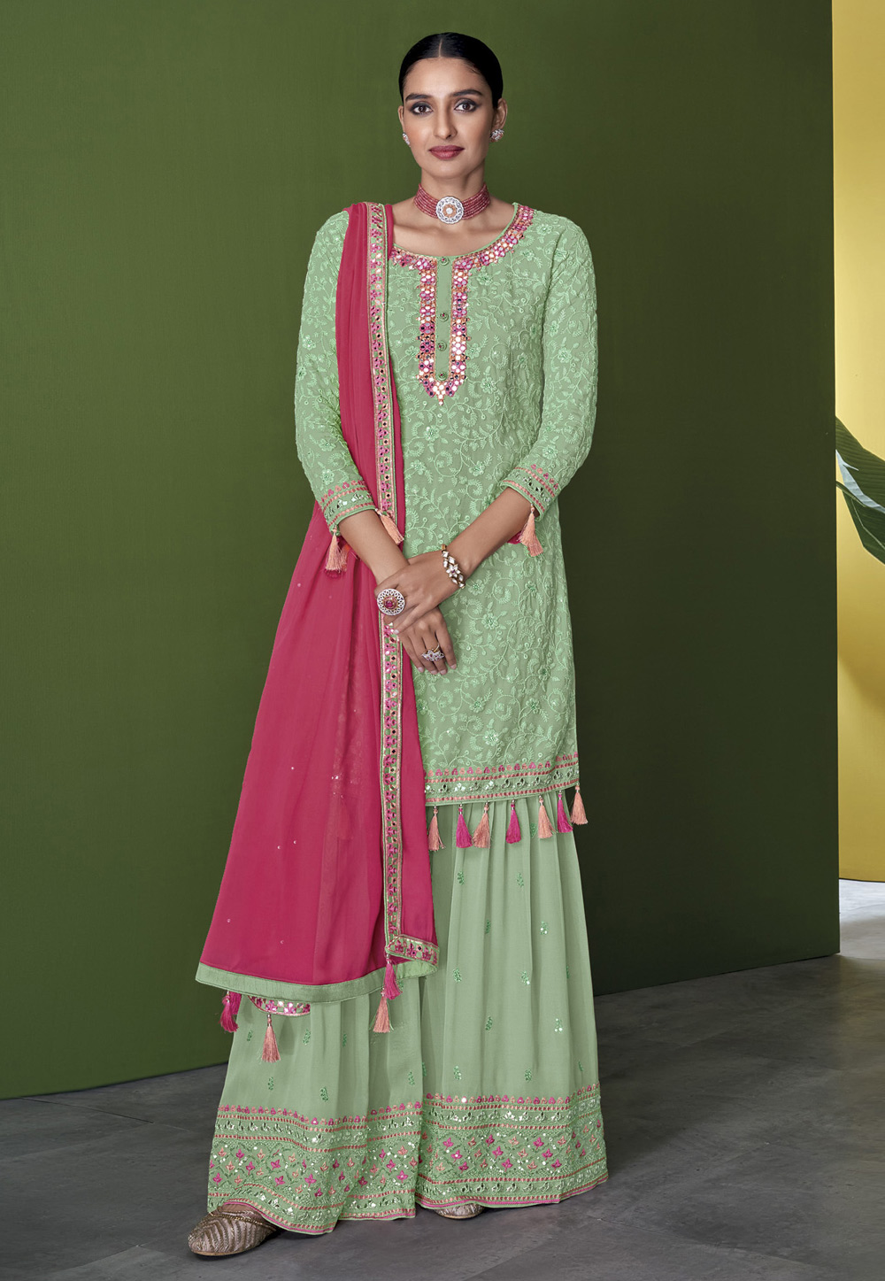 Pista Green Faux Georgette Pakistani Suit 249880
