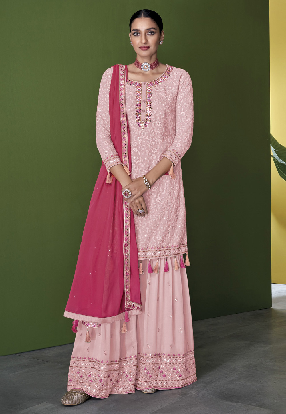 Pink Faux Georgette Palazzo Suit 249881