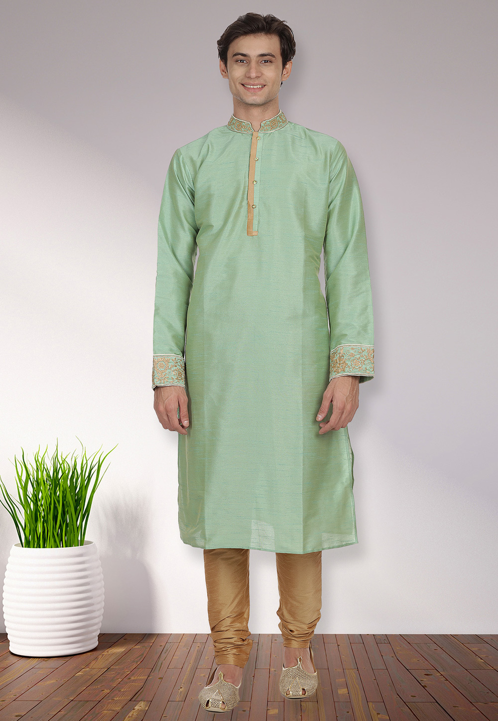 Light Green Dupion Silk Readymade Kurta Pajama 175912