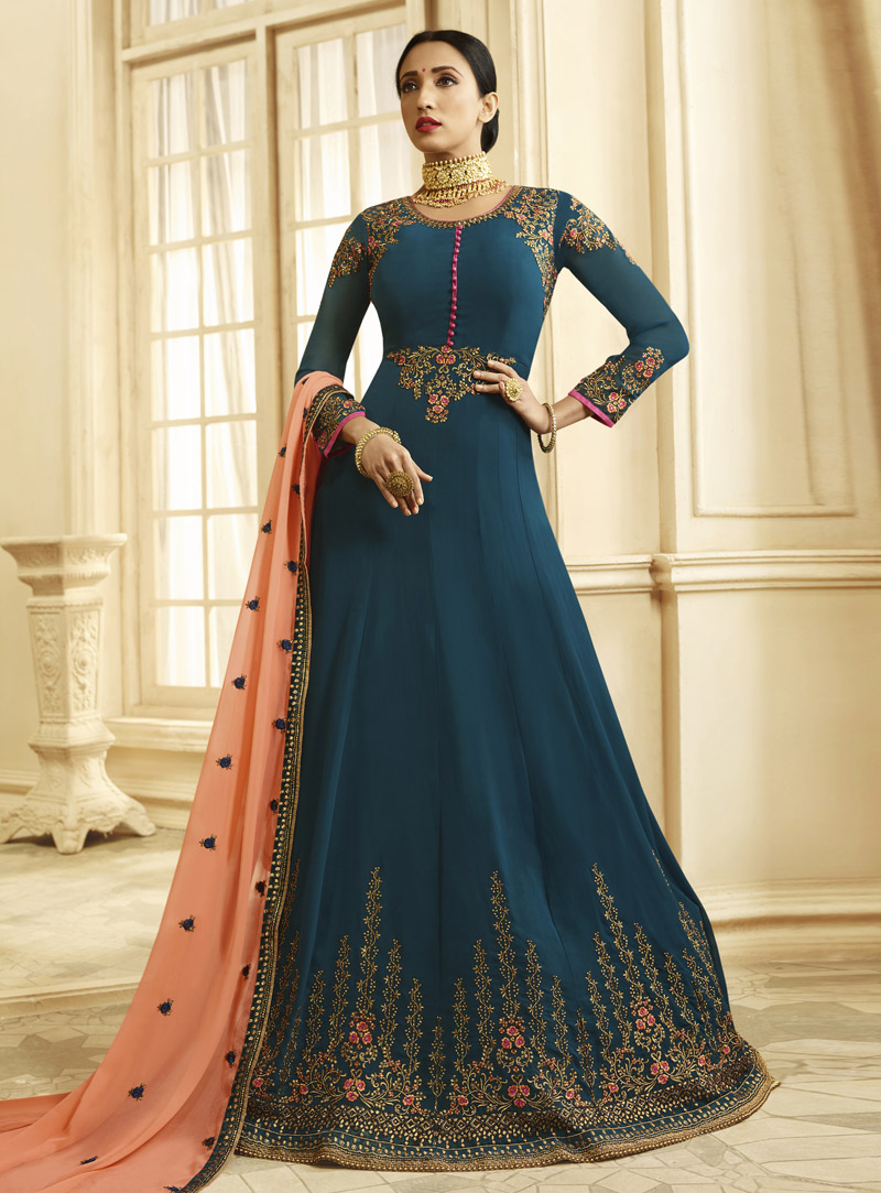 Blue Georgette Abaya Style Anarkali Suit 151048