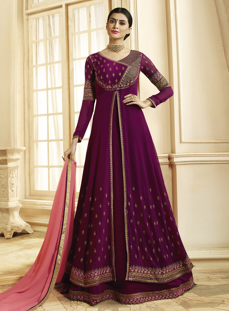 Purple Georgette Abaya Style Anarkali Suit 151050