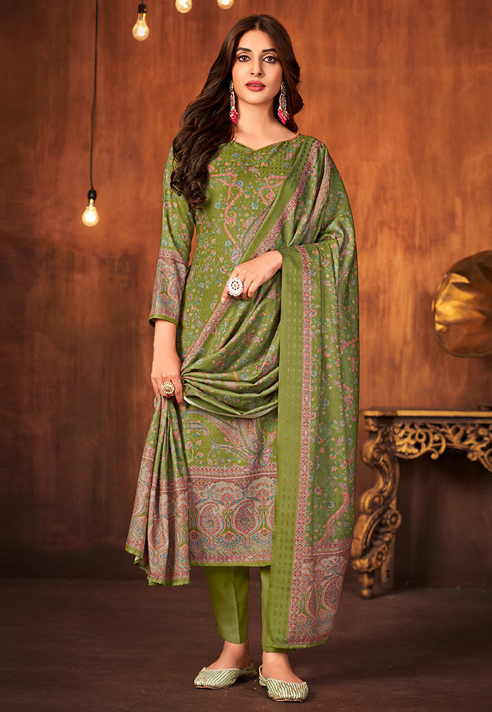 Green Pashmina Pant Style Suit 255722