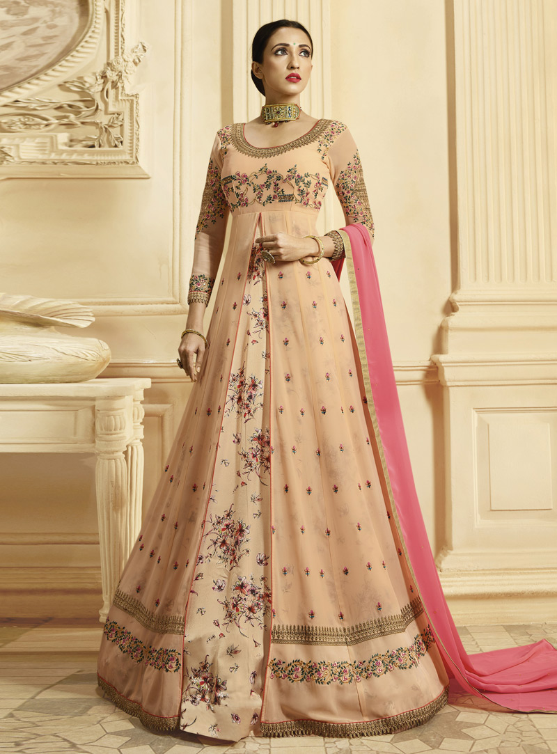 Peach Georgette Abaya Style Anarkali Suit 151052