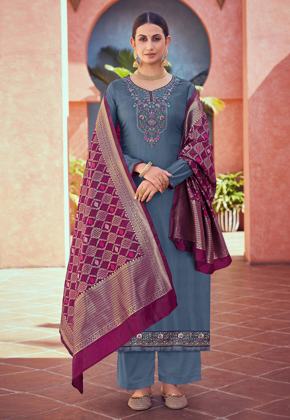 Steel Blue Tussar Palazzo Suit 245868