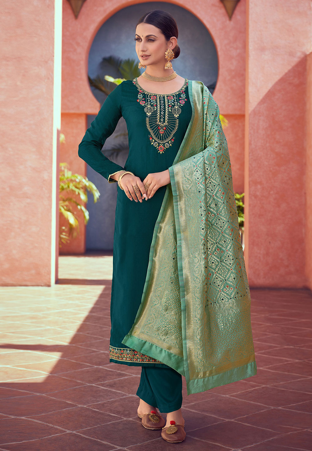 Teal Tussar Kameez With Palazzo 245869