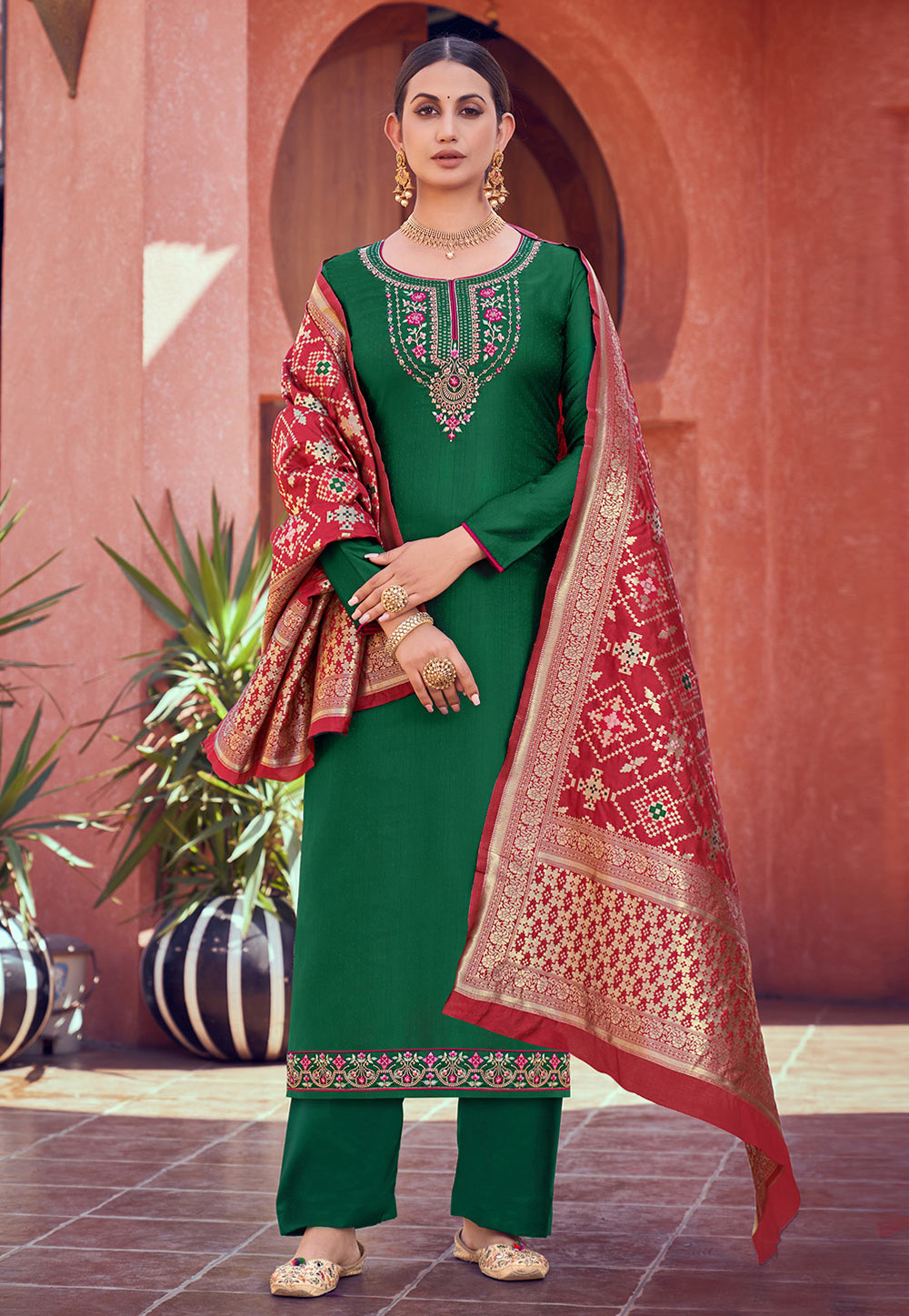 Green Tussar Palazzo Suit 245872