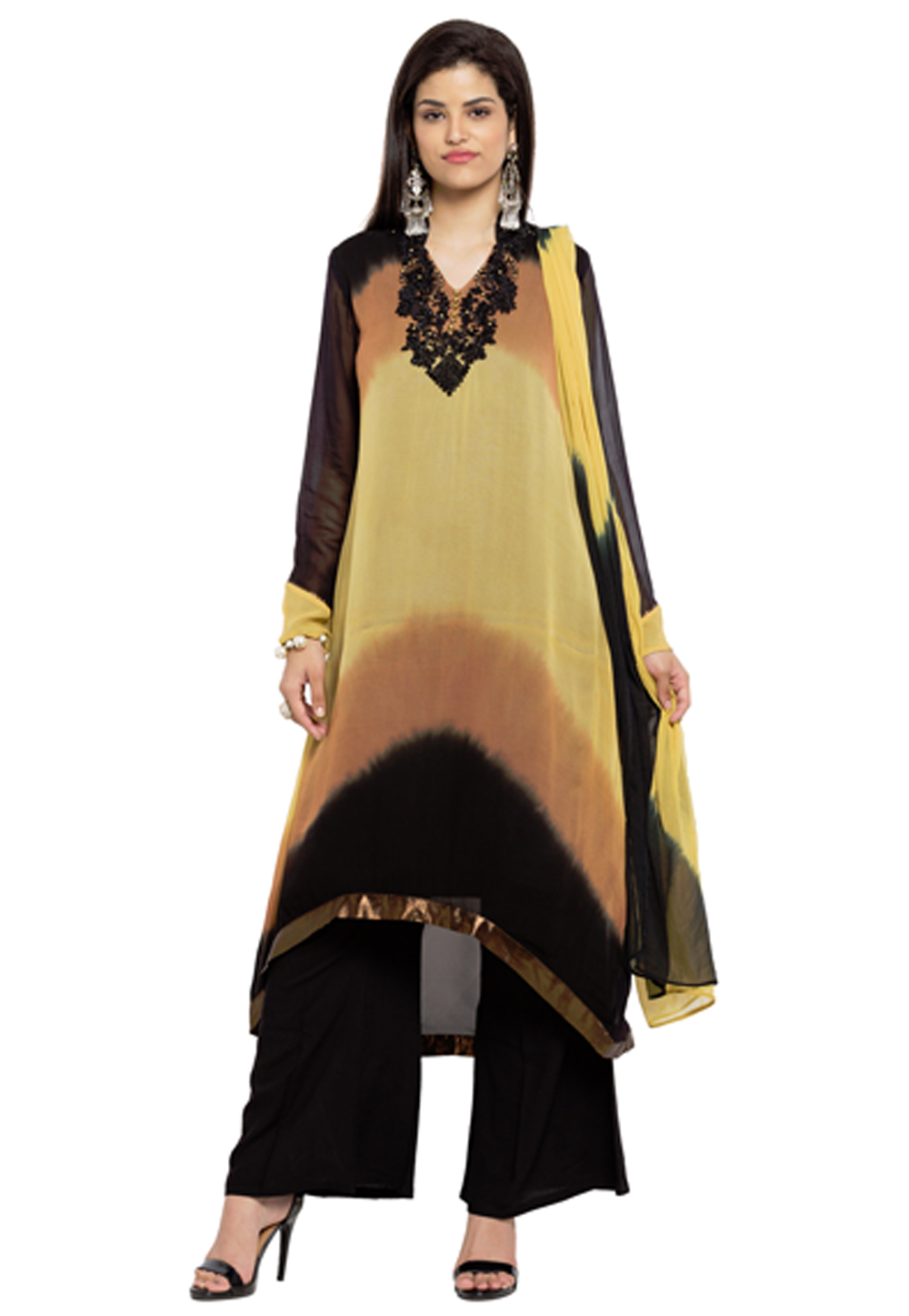 Beige Faux Georgette Readymade Kameez With Palazzo 230318