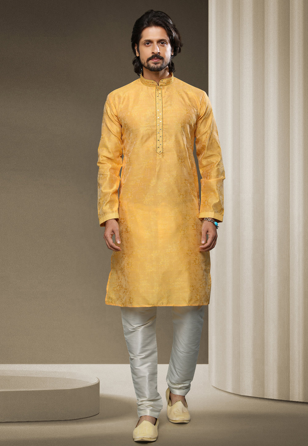 Yellow Jacquard Silk Kurta Pajama 247966