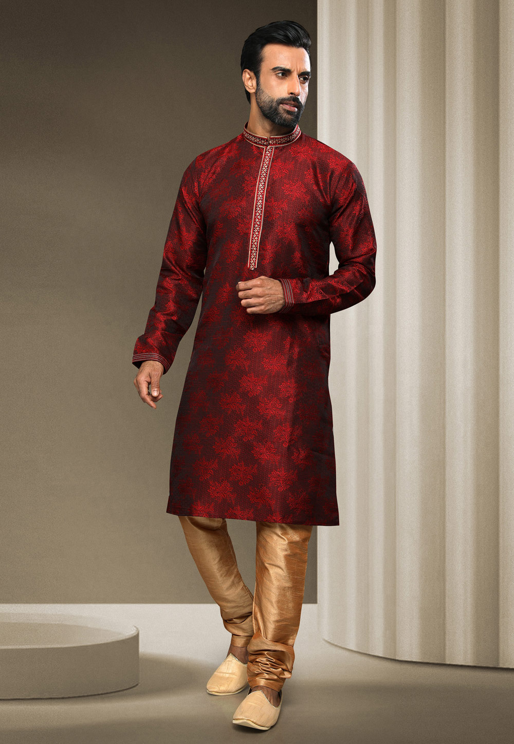 Maroon Jacquard Silk Kurta Pajama 247973