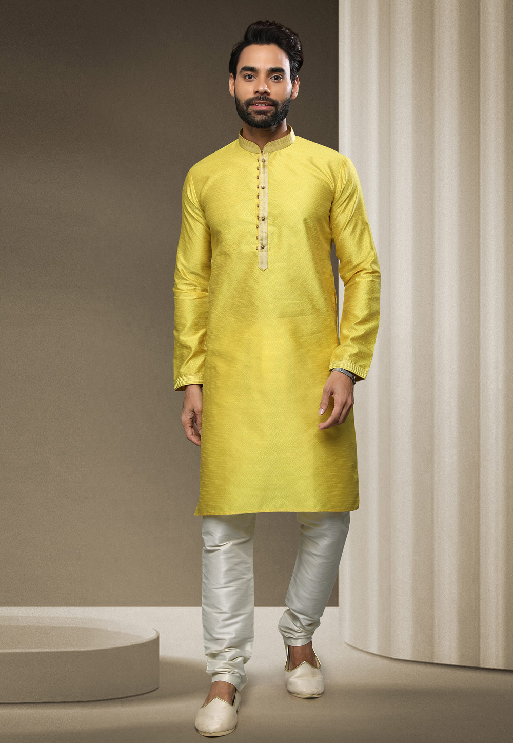 Yellow Jacquard Silk Kurta Pajama 247982
