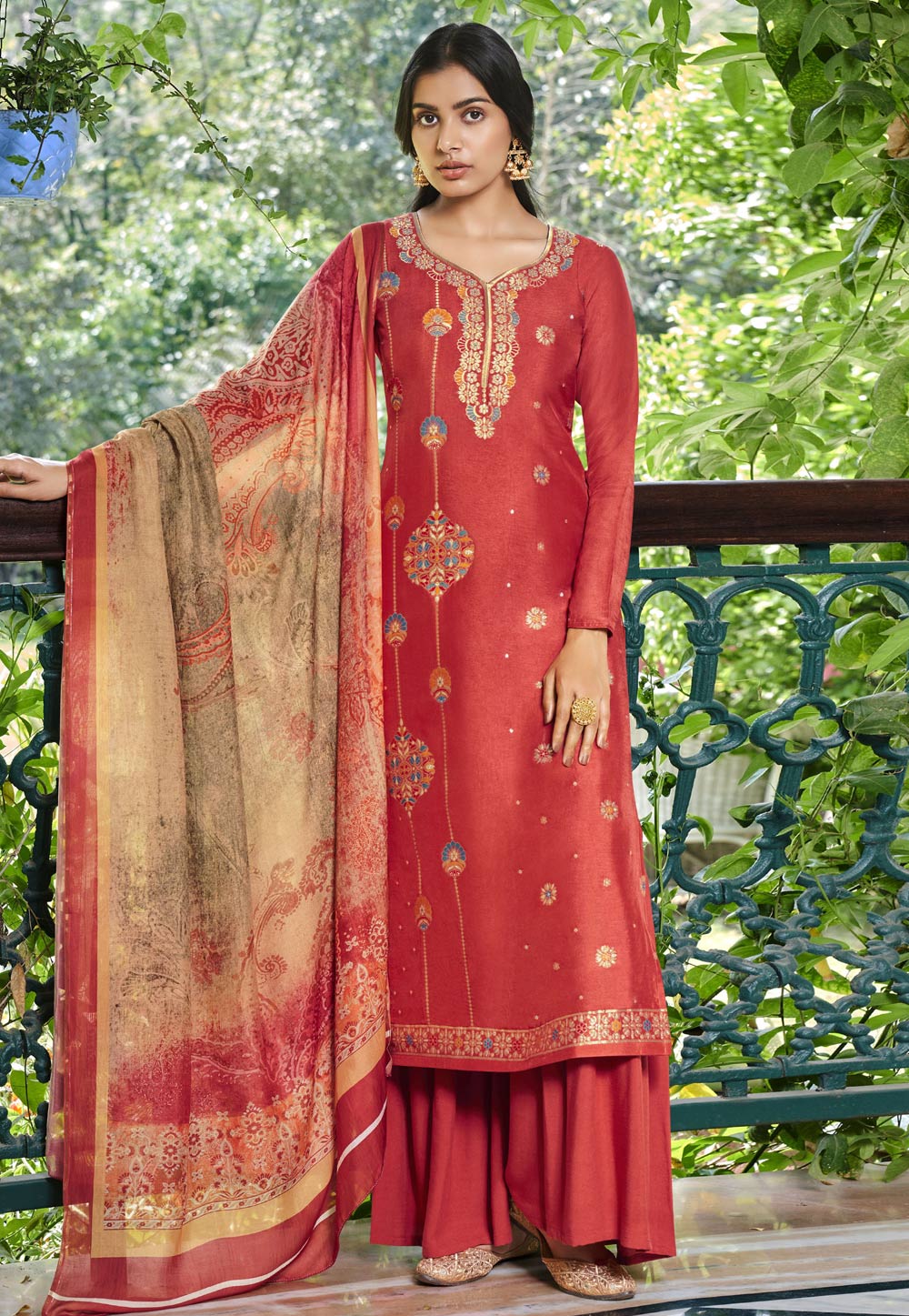 Red Viscose Kameez With Palazzo 246081