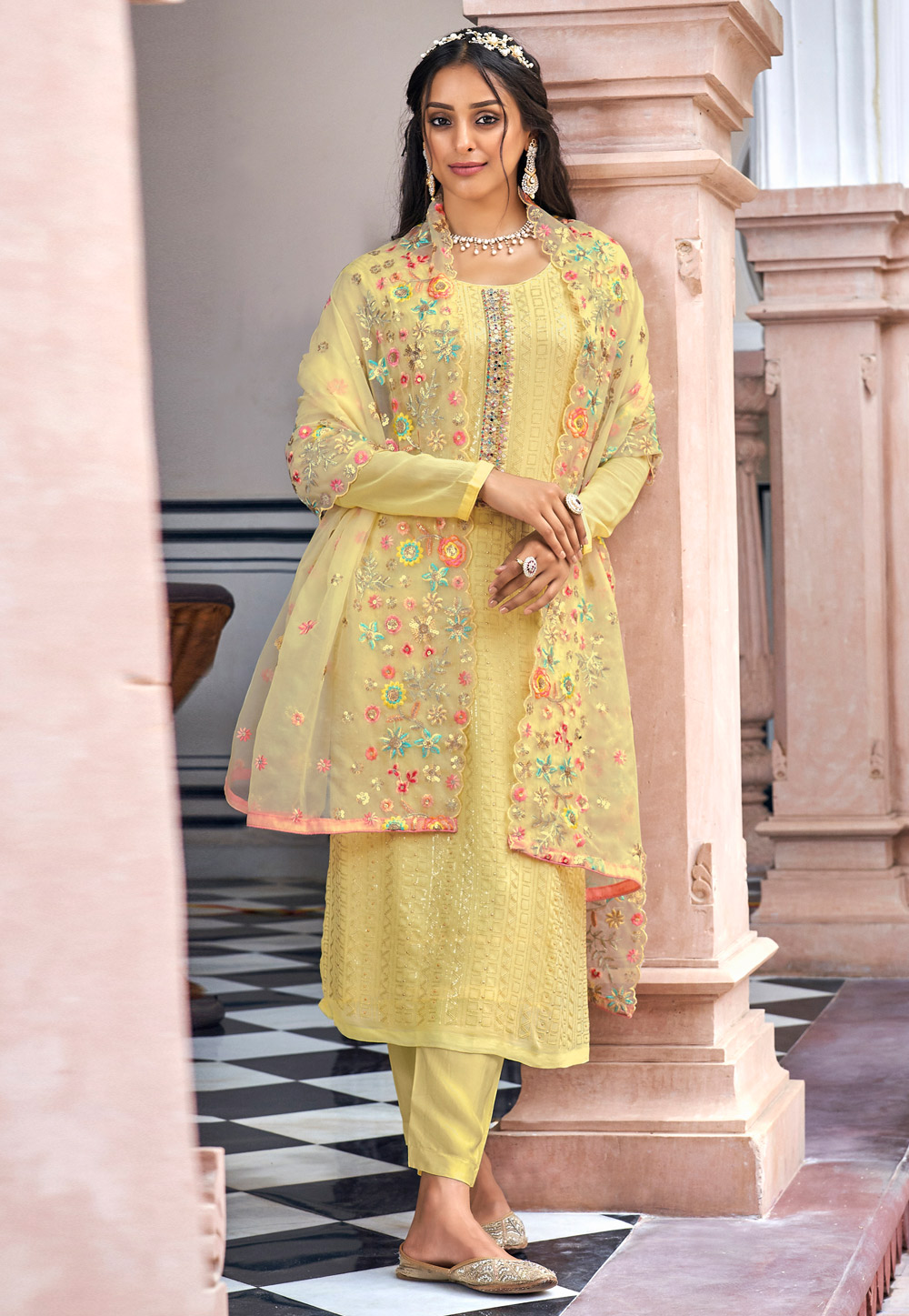 Yellow Faux Georgette Pant Style Suit 249574
