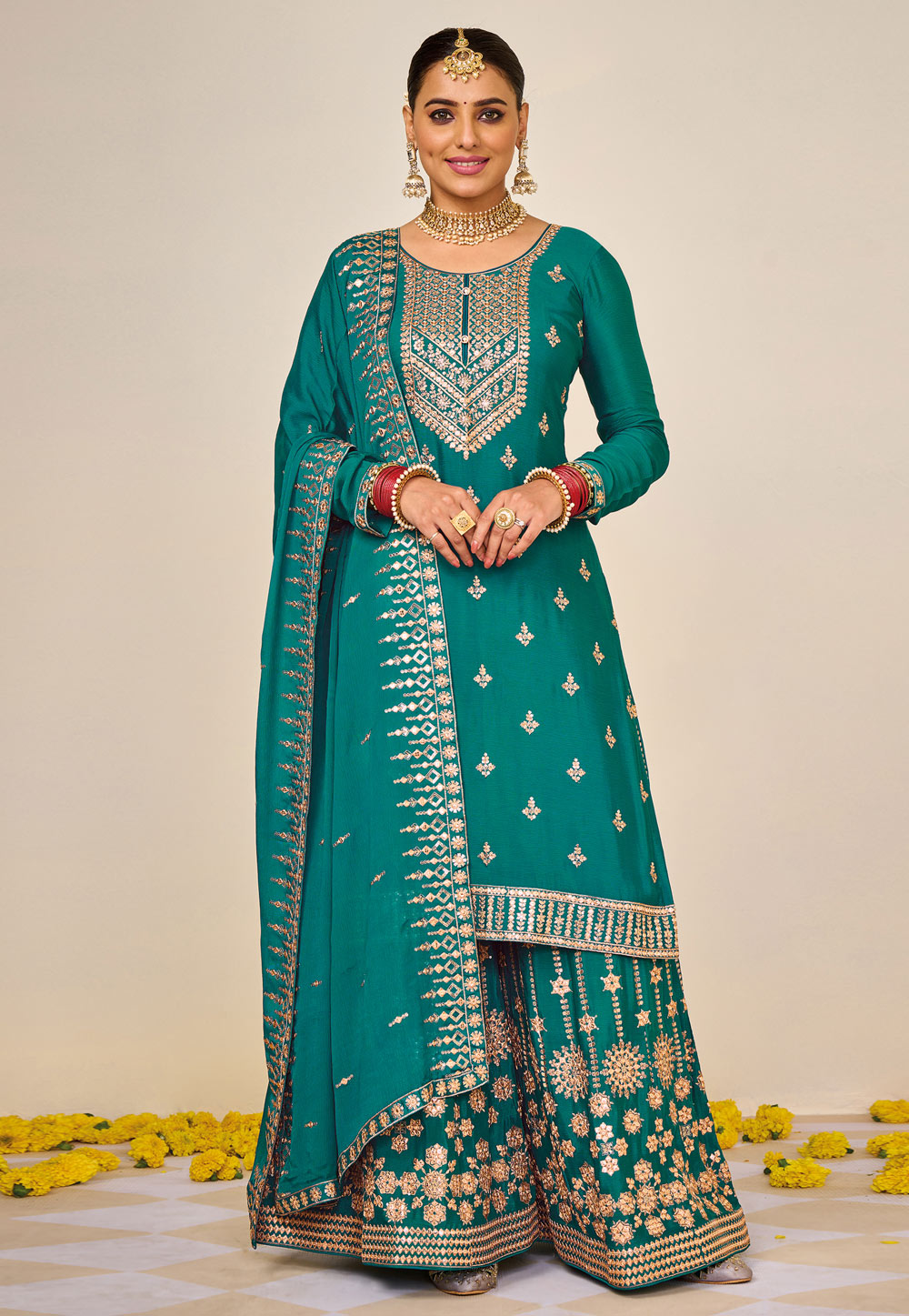 Teal Chinon Palazzo Suit 249877