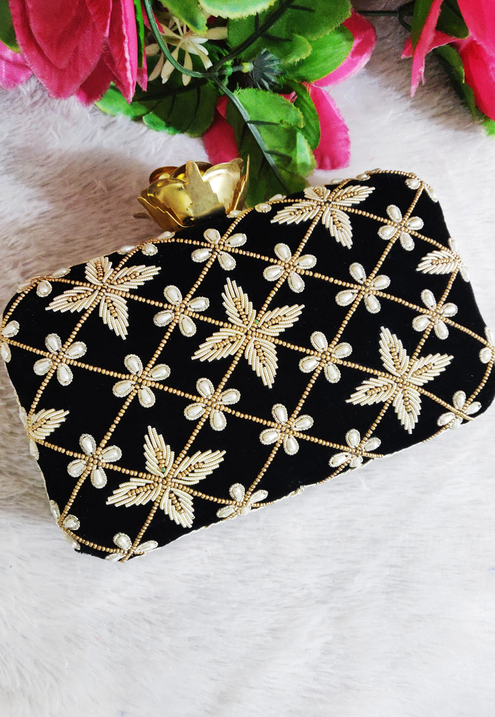 Black Synthetic Embroidered Clutch 246190