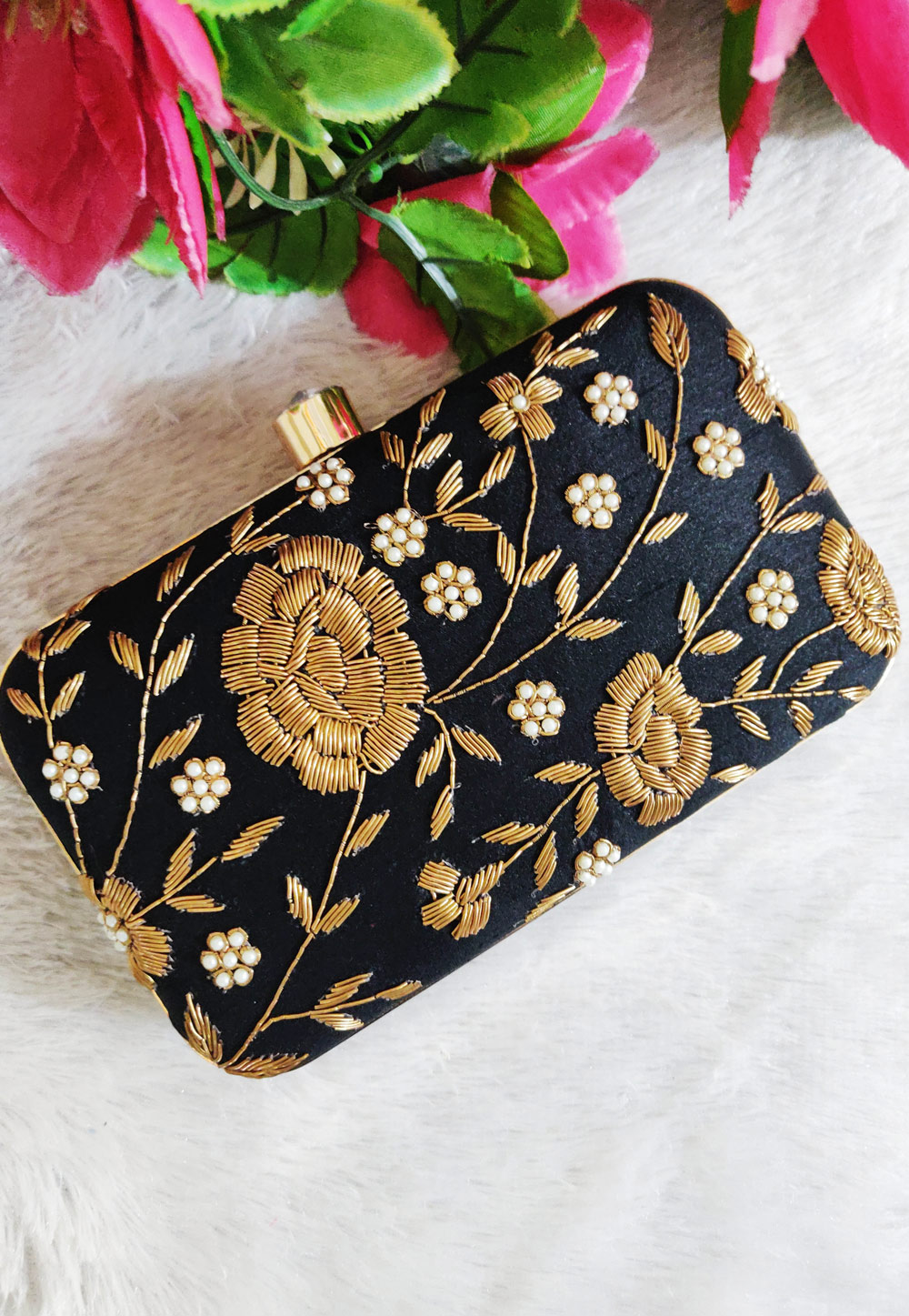 Black Synthetic Embroidered Clutch 246191