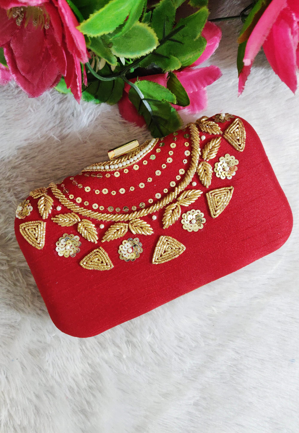 Red Synthetic Embroidered Clutch 246192