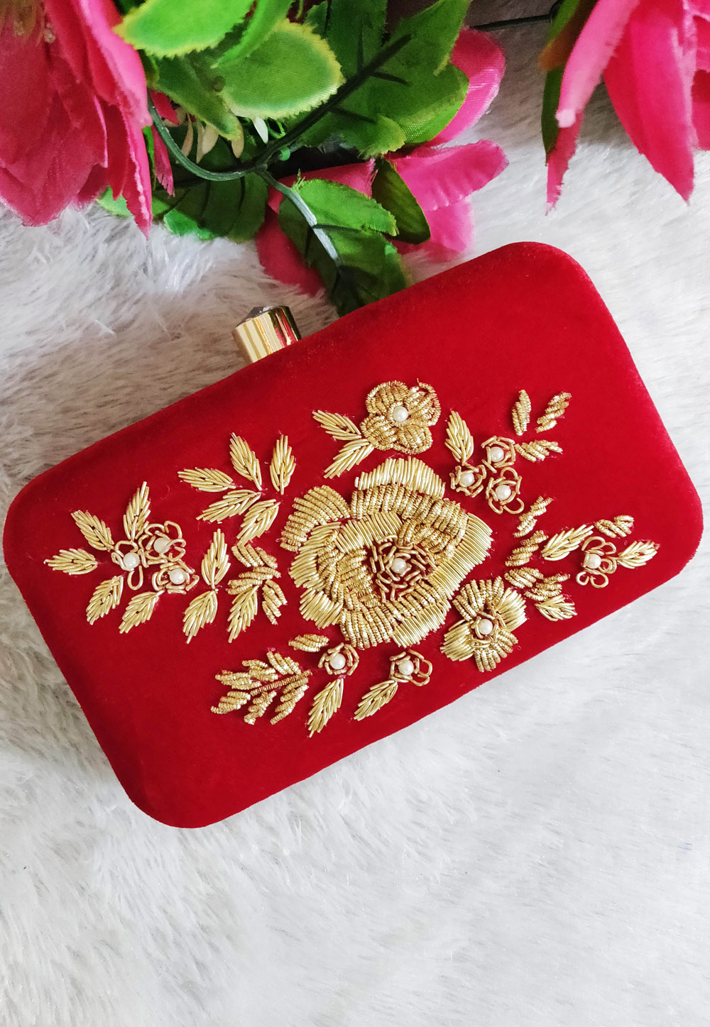 Red Synthetic Embroidered Clutch 246193
