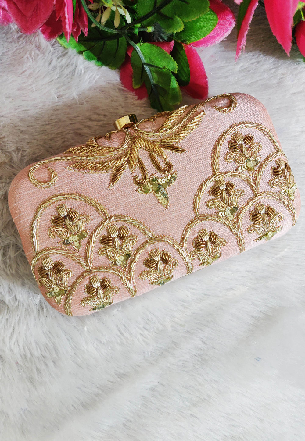 Pink Synthetic Embroidered Clutch 246194