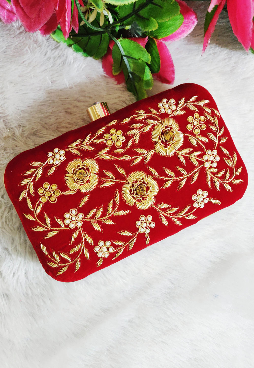 Red Synthetic Embroidered Clutch 246195