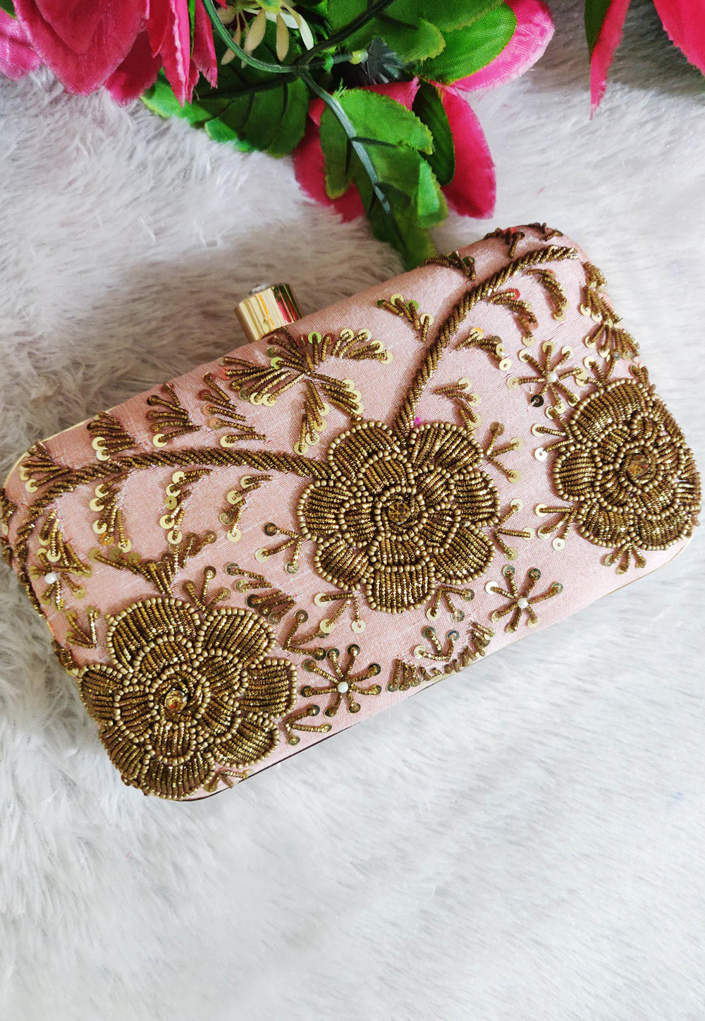 Pink Synthetic Embroidered Clutch 246196