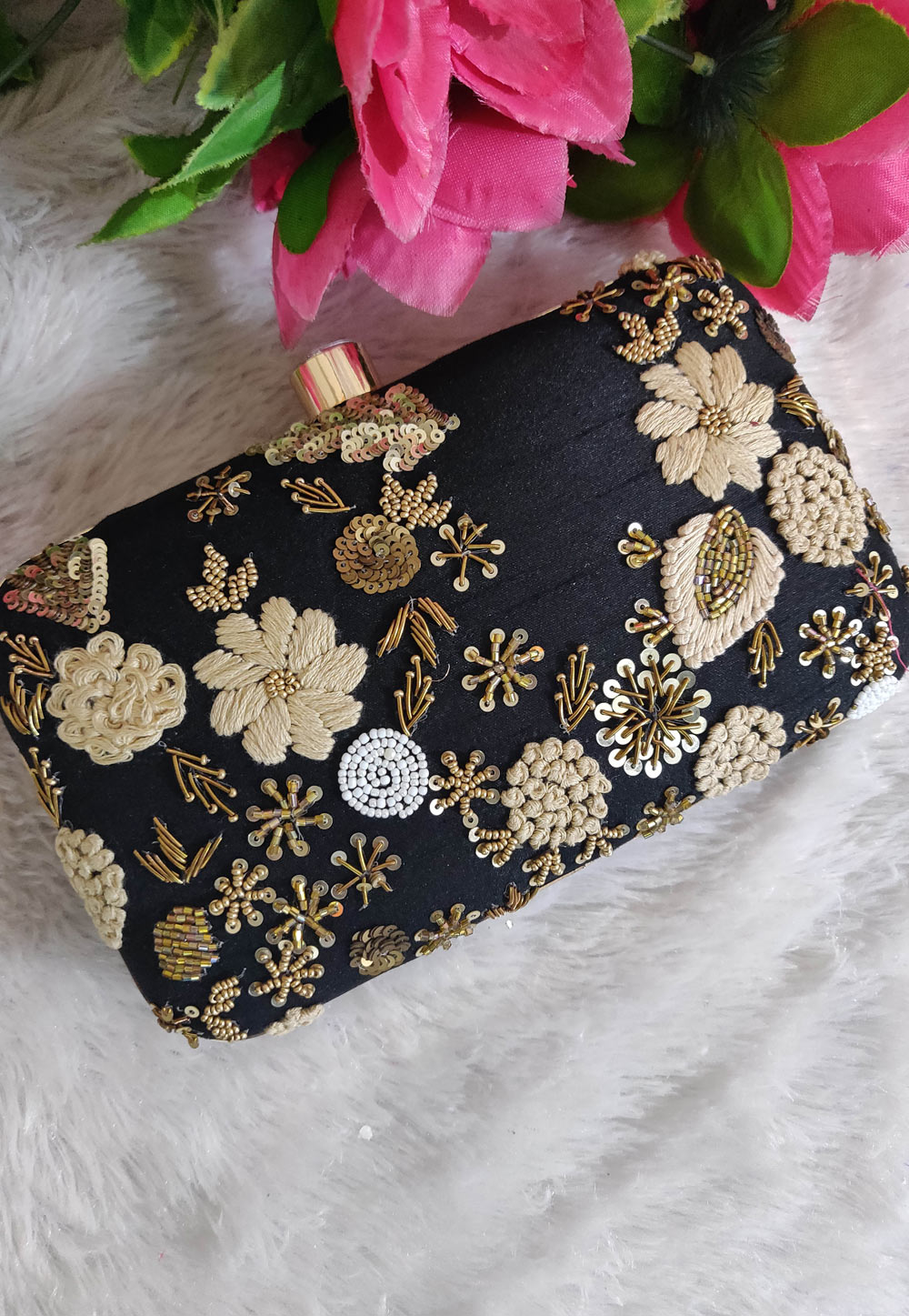 Black Synthetic Embroidered Clutch 246197