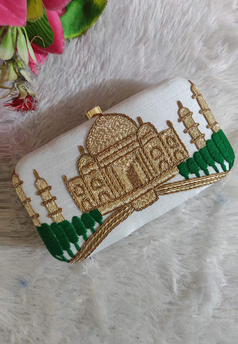 Off White Synthetic Embroidered Clutch 246199