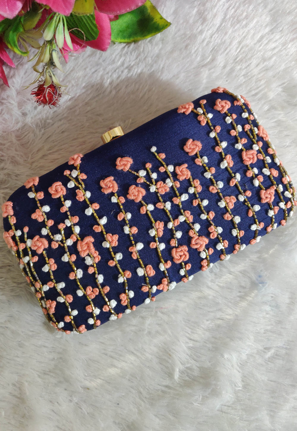 Navy Blue Synthetic Embroidered Clutch 246200