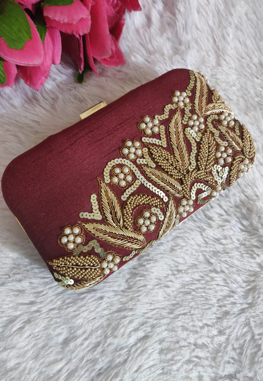 Wine Synthetic Embroidered Clutch 246201