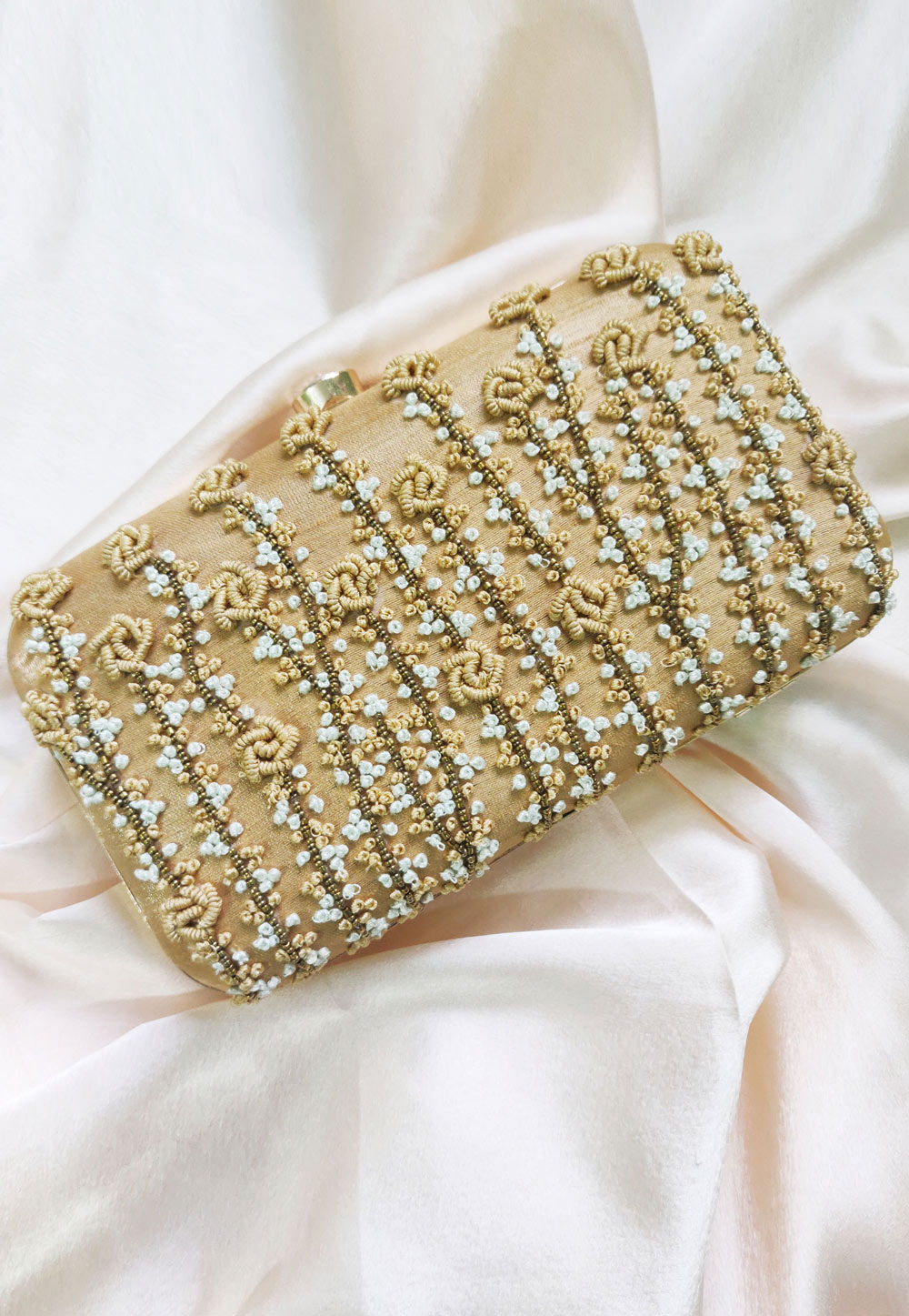 Beige Synthetic Embroidered Clutch 246202