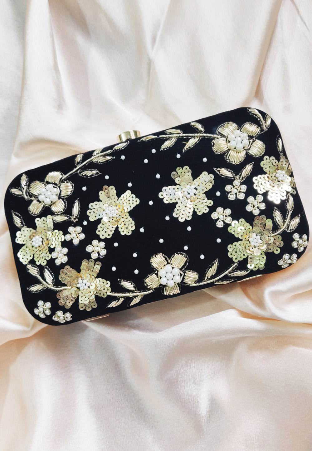 Black Synthetic Embroidered Clutch 246204