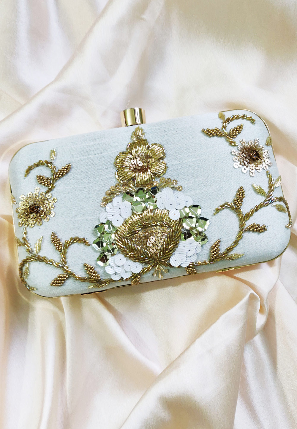 Off White Synthetic Embroidered Clutch 246207