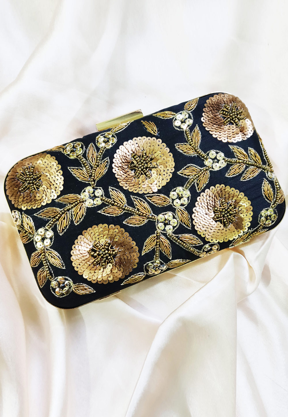 Black Synthetic Embroidered Clutch 246208