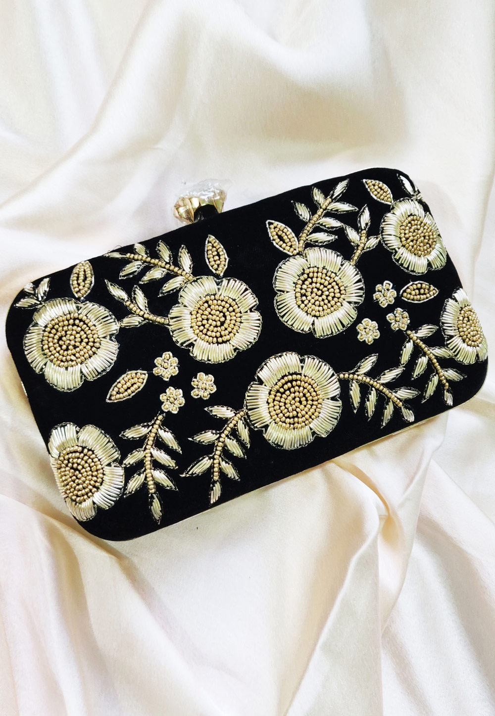 Black Synthetic Embroidered Clutch 246209