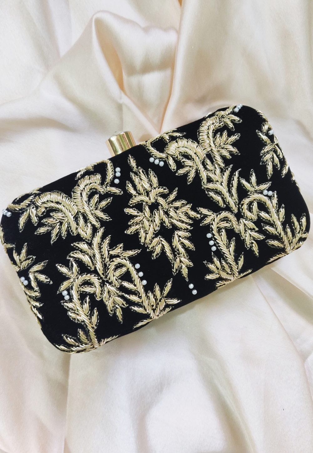Black Synthetic Embroidered Clutch 246213