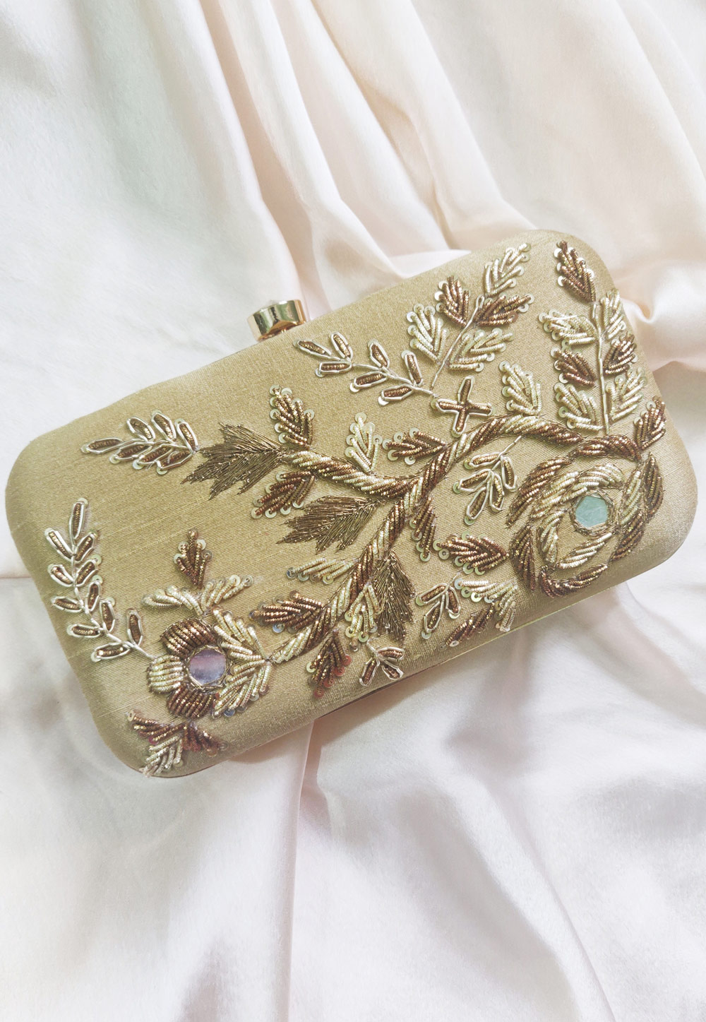 Beige Synthetic Embroidered Clutch 246215